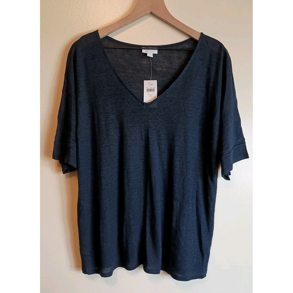 J Jill Love Linen Top Womens M Navy Blue 100% Linen V Neck Crochet Sleeve NWT